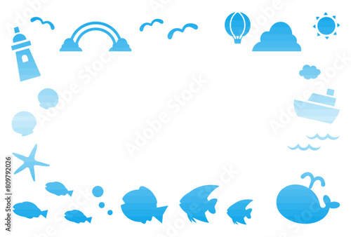 夏のモチーフのスタンプのフレーム、水彩カラー水色