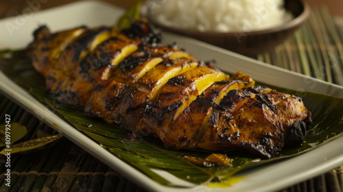 Grilled chicken marinated in authentic congolese spices, accompanied by lemon slices and a side of white rice