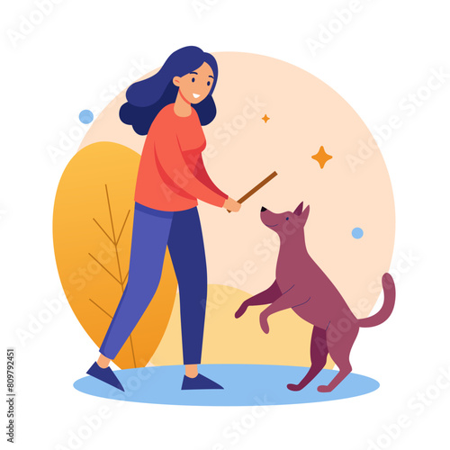 Woman training dog. Young playing with dog