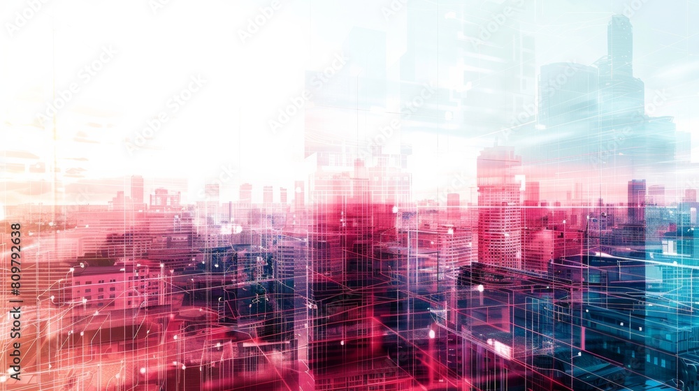 Abstract technology concept with digital lines overlaying a blurred cityscape in pink and blue hues, symbolizing urban connectivity.