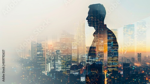 Silhouette of a man with city skyline and lights, representing urban life, double exposure, conceptual image of business and ambition.