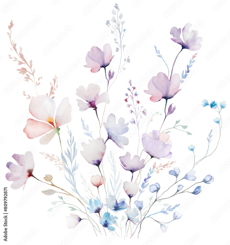 Bouquet made with watercolor pastel wild flowers and leaves, hand drawn wedding illustration Bouquet made with watercolor pastel wild flowers and leaves, hand drawn wedding illustration