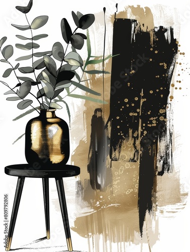 A golden and black painting of a vase with a plant in it, showcasing the intricate details of the arrangement