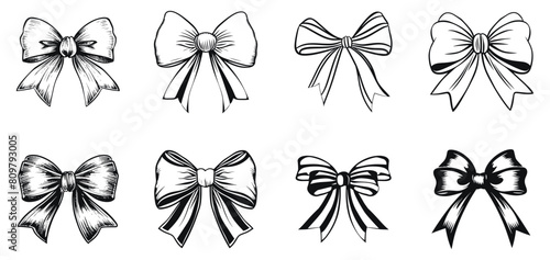Stylish Black Ribbon Bows vector illustration. Different present decoration hand drawn black on white background. Satin gift bow silhouette.