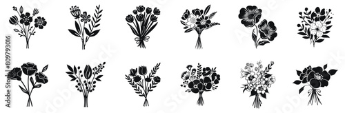Elegant Flower Bouquet vector illustration. Different wildflowers hand drawn black on white background. Floral decoration silhouette.