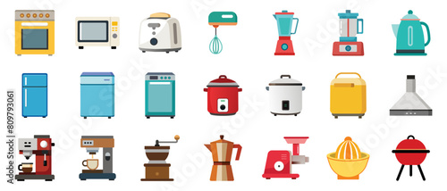 Kitchen Appliances Icons, vector flat cartoon illustration. Household electronics - coffee maker, blender, toaster, dishwasher, fridge, electric meat grinder, exhaust hood.