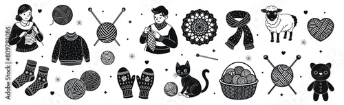 Knitting vector illustration. People knit clothes, sweater, cat playing with yarn ball hand drawn black on white background. Hobby craft silhouette.