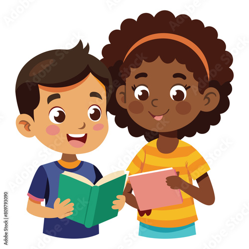 Two enthusiastic children, boy and black girl sharing books and learning together, vector cartoon illustration.