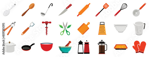 Essential Kitchen Utensils Icons, vector flat cartoon illustration. Cookware - whisk, frying pan, chefs knife, grater, colander, measuring cup, corkscrew, herb scissors, ladle, baking sheet.