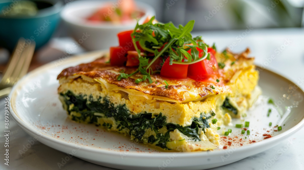 Delectable congolese cassava leaf omelet garnished with fresh tomatoes and arugula, served on a white ceramic plate