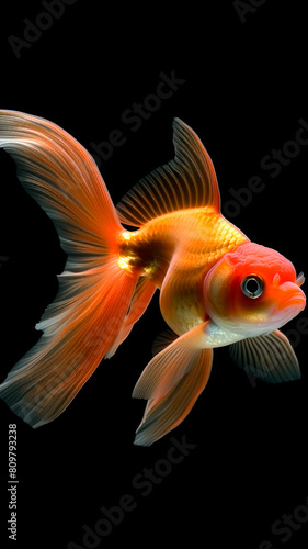 A goldfish is swimming in a black tank