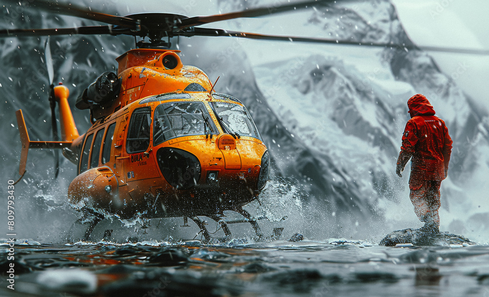 Fototapeta premium Rescue worker stands in the water next to helicopter.