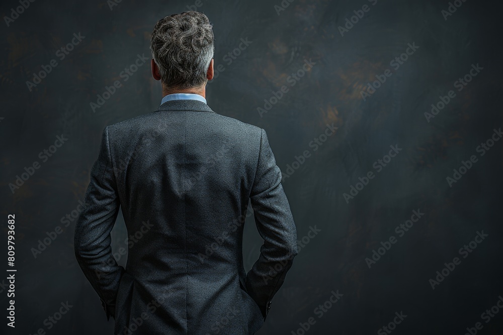 An image of a stylish man in a modern fitted grey suit standing in front of a dark, moody, textured backdrop An image of a stylish man in a modern fitted grey suit standing in front of a dark, moody, textured backdrop