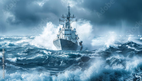 A large navy ship is sailing through rough waters by AI generated image