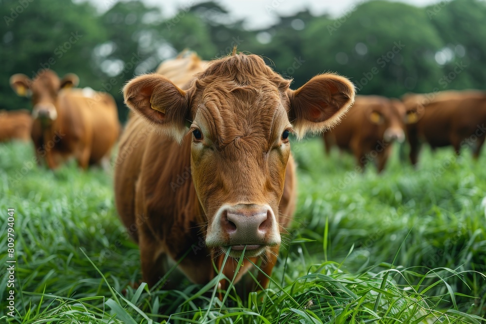 A detailed close-up shot capturing the serene expression of a brown cow as it grazes on vibrant green grass in a field