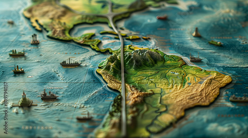 Close-up of a detailed 3D model of a landscape showing a river dividing two landmasses. Educational and geographic concept for design and exhibition