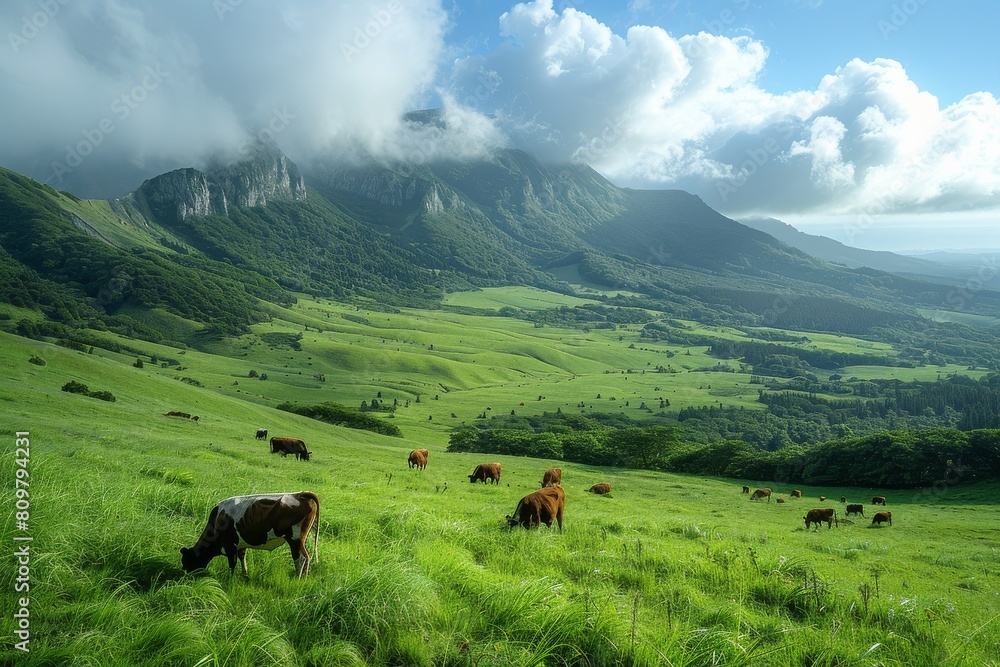 Dramatic clouds embrace the mountain peaks while cows graze peacefully on the lush slopes below Dramatic clouds embrace the mountain peaks while cows graze peacefully on the lush slopes below