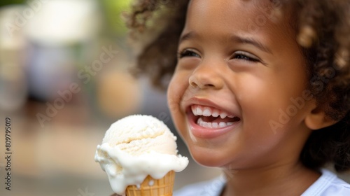 Joyful Child Enjoying Vanilla Ice Cream Cone on Sunny Day