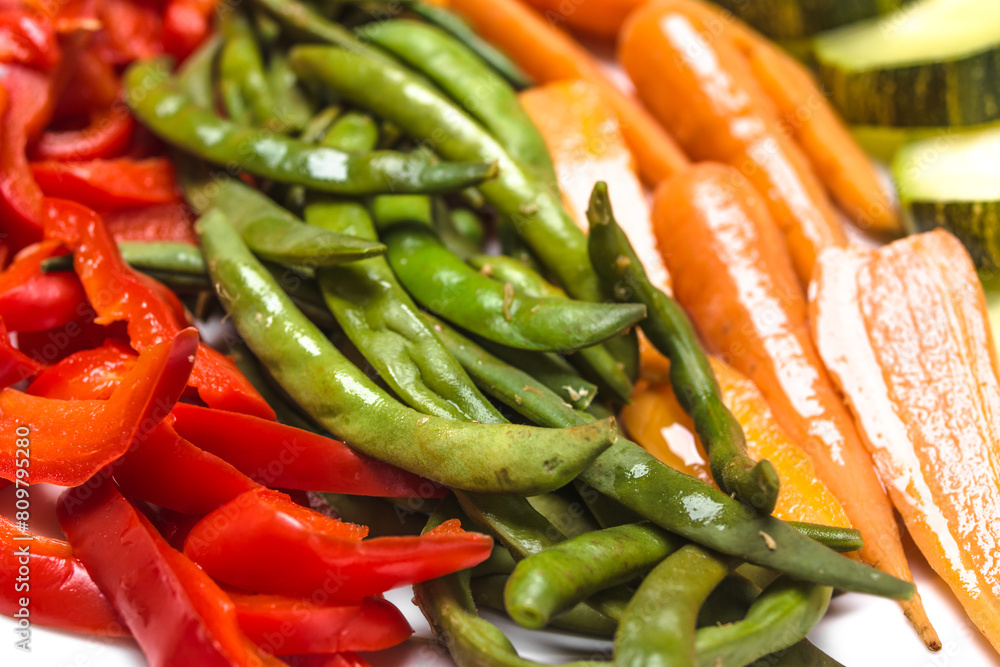Boiled vegetables. Steamed zucchini, green bean, carrots, pepper. Low calorie diet concept. Boiled vegetables. Steamed zucchini, green bean, carrots, pepper. Low calorie diet concept.