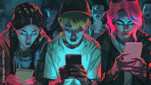 teenagers holding smartphones and browsing social media. Concept of gadget addiction
