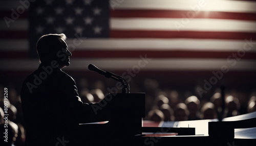 silhouette of politician giving speech in front of united states flag
 photo