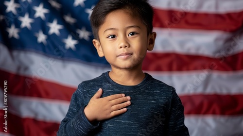 Young Boy Saluting in Front of American Flag Showing Patriotism photo