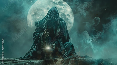 The art of sorcery, showcased in magazine photography style, with a warlock performing a spell under the moonlight, capturing the allure of the occult