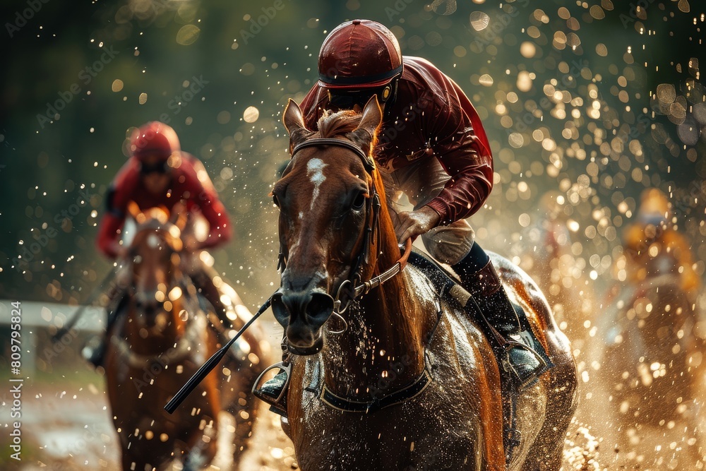 Golden light envelops a focused jockey atop a majestic brown steed, their poised form cutting through the mist with peers closely trailing in the race Golden light envelops a focused jockey atop a majestic brown steed, their poised form cutting through the mist with peers closely trailing in the race