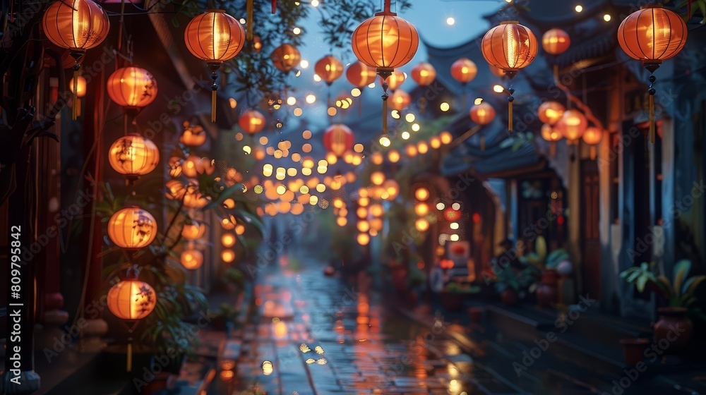 The glow of lanterns at night, captured in documentary photography style, illustrating the warm, inviting light as it dances on cobblestone streets for a cultural magazine