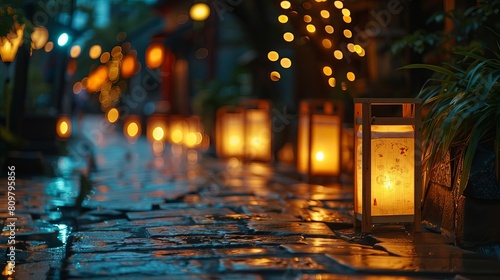 The glow of lanterns at night, captured in documentary photography style, illustrating the warm, inviting light as it dances on cobblestone streets for a cultural magazine