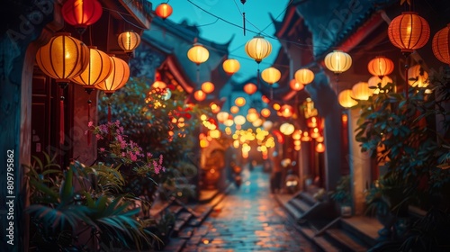 The glow of lanterns at night, captured in documentary photography style, illustrating the warm, inviting light as it dances on cobblestone streets for a cultural magazine photo