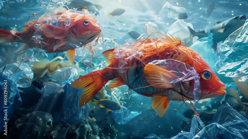 Two orange fish swim in a pond full of plastic garbage. The concept of environmental pollution Two orange fish swim in a pond full of plastic garbage. The concept of environmental pollution