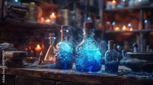 The mystical process of creating an elixir, captured in documentary photography style, showcasing ancient alchemical tools and glowing potions for a science and mystery magazine