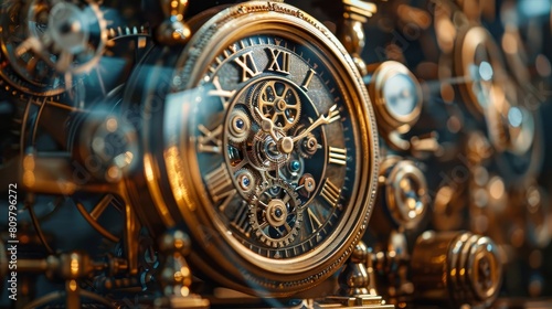 Vintage clocks and their complex inner workings, presented in a magazine photography style, highlighting the evolution of timekeeping devices