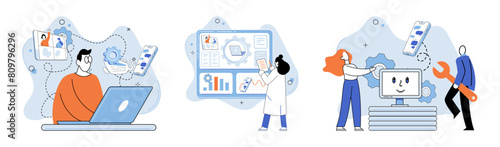Online communication. Vector illustration. Virtual meetings enable efficient and productive collaborations across time zones Online interviews streamline hiring process and expand talent pools