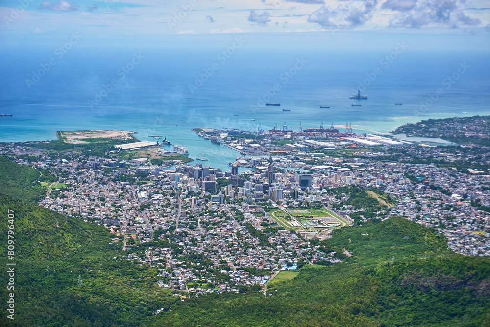 Aerial view of the city and capital of Port-Louis, Mauritius, Africa.