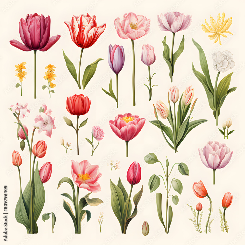 Set of Tulips flower, leaf, plant and flower, watercolor illustration. Set of Tulips flower, leaf, plant and flower, watercolor illustration.