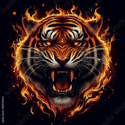 Tiger head on fire  angry mood by AI generative