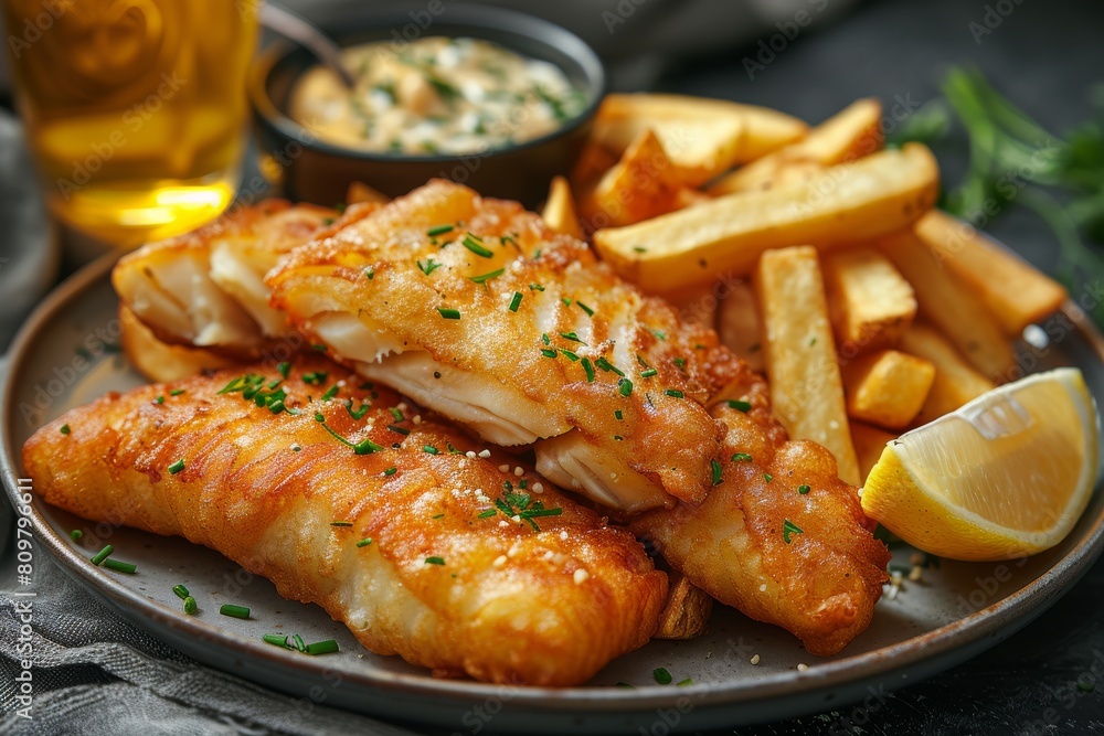 A classic dish, the image shows golden fried fish fillets with lemon and fries served on a dark plate Herbs enhance the presentation A classic dish, the image shows golden fried fish fillets with lemon and fries served on a dark plate Herbs enhance the presentation