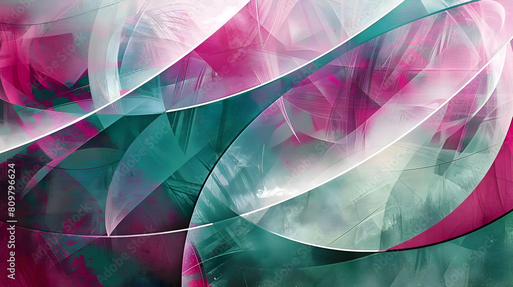 Obraz premium Modern abstract art with soft geometric shapes and flowing lines in a vibrant mix of jade green and magenta