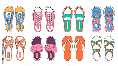 Female shoes collection in cartoon. Set of elegant shoes, sneakers and boots. Bundle of casual woman footwear. Vector illustration isolated on a white background.