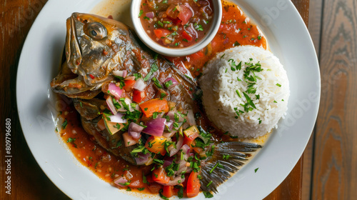Authentic congolese grilled fish served with piri piri sauce, fresh salad, and white rice on a wooden table photo