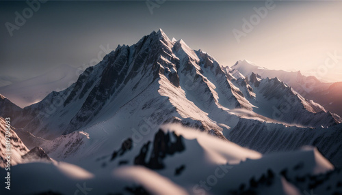 snow-covered rocky mountain peak. after sunset the lower parts of the mountain are dark, 