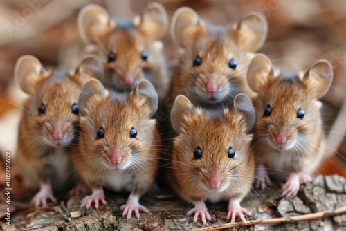 A close-up of six brown house mice with detailed fur textures and curious expressions looking straight ahead