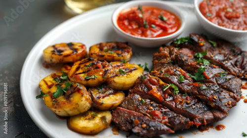Indulge in the tastes of africa with this genuine congolese barbecue and plantains paired with zesty tomato sauce photo