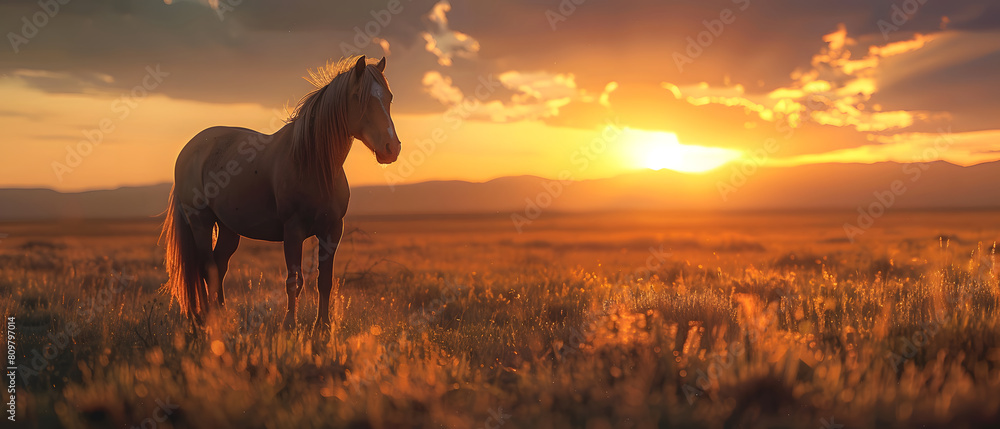 Pastoral Beauty: A Horse in an Idyllic Field with the Majestic Silhouette of Mountains Gracing the Background Pastoral Beauty: A Horse in an Idyllic Field with the Majestic Silhouette of Mountains Gracing the Background