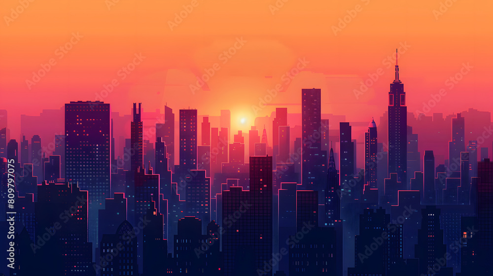Aesthetic Vector Illustration of City Skyline in Evening Glow - Modern Architecture Silhouette