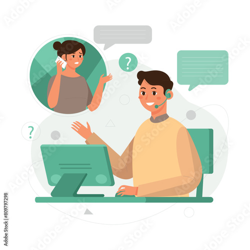 Customer service. Woman with headphones and microphone with laptop. Concept illustration for support, assistance, call center. Vector illustration in flat style