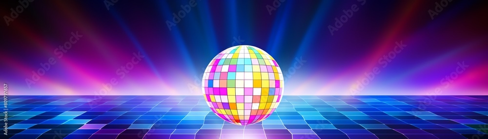A disco ball on a dance floor with spotlights in the background. A disco ball on a dance floor with spotlights in the background.
