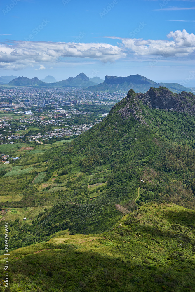 Aerial view of Mauritius island from the top of the mountain, Africa Aerial view of Mauritius island from the top of the mountain, Africa